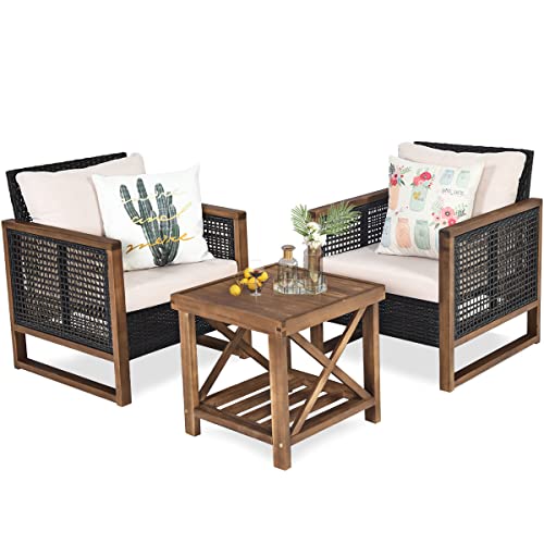 GOPLUS 3 TLG. Gartenmöbel Set, Polyrattan Sitzgruppe mit Beistelltisch, Rattanmöbel Lounge Set aus Holz für Terrasse, Balkon & Garten, Braun von GOPLUS