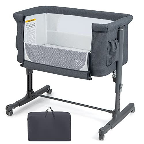 GOPLUS 3 in 1 Babywiege, tragbares Beistellbett mit Wiegemodus, abnehmbare Matratze, höhenverstellbar, Taschen & feststellbare Räder, Reisebett für Neugeborene mit Tragetasche (Dunkelgrau) von GOPLUS