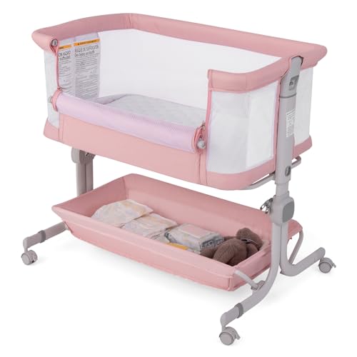 GOPLUS 3 in 1 Beistellbett, Kinderbett mit 6-Fach Einstellbarer Höhe, Neigungswinkel von 3°-8°, Ablagefläche & feststellbaren Rädern, Reisebett für Baby bis 6 Monaten bis 9 kg (Rosa) von GOPLUS