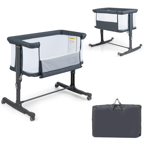 GOPLUS 3 in 1 Beistellbett, tragbares Reisebett mit Wiegemodus, abnehmbare Matratze, Taschen & feststellbare Räder, Babybett höhenverstellbar, Kinderbett für Baby bis 9 kg (Modell 2-Dunkelgrau) von GOPLUS