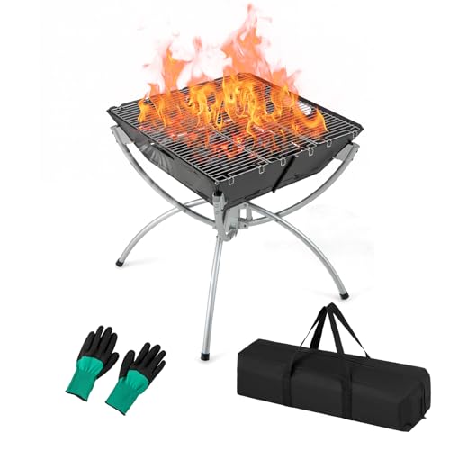 GOPLUS 3 in 1 Feuerstelle Outdoor, multifunktionale Feuerschale mit Edelstahlgrill, Aluminiumbeinen, Handschuhe, Tragtasche, Feuerkorb klappbar tragbar für Garten Terrasse Camping Grill, 45x45x49 cm von GOPLUS