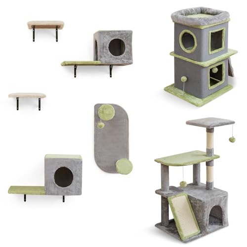 GOPLUS 3-in-1 Katzenmöbel-Set, Katzen Möbel Set mit 5-teiliges Kletterwand, 3-stöckiger Kratzbaum & 2-stöckiges Katzenhaus, Katzenbaum mit Sisalstamm, Ball, Sisalkratzbrettern & Höhle von GOPLUS