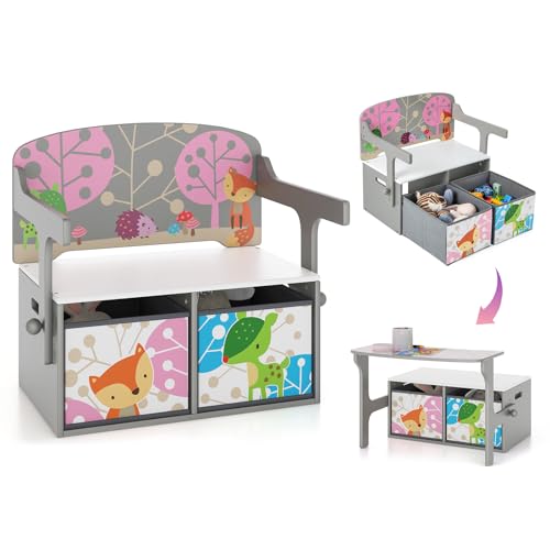 GOPLUS 3 in 1 Kinderbank, Kindersitzbank mit eingebauten Armlehnen & 2 herausnehmbaren Stoffkörben, Spielzeugtruhe Spielzeugkiste für Spielzimmer, Kinderzimmer & Kindergärten (Grau) von GOPLUS