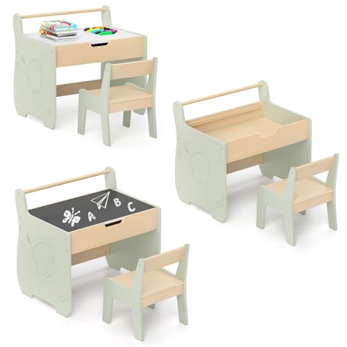 GOPLUS 3 in 1 Kindertisch mit Stuhl, Kindersitzgruppe aus Holz mit Abnehmbarer Tischplatte, verstecktem Stauraum & Papierrollenhalter, Kinderschreibtisch für Zuhause & Kindergarten von GOPLUS