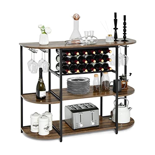 GOPLUS 3-stöckiger Weinregal für 18 Flaschen, Weinschranktisch mit Glashalter, Flaschenregal aus Holz, Barschrank für Küche & Esszimmer (Rustikales Braun) von GOPLUS