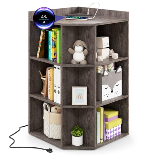 GOPLUS 3-stöckiges Eck-Bücherregal mit 9 Fächern, Eckregal mit Ladestation, Aufbewahrungsregal mit Kabelführungsloch, Bücherschrank für Wohnzimmer, Büro & Kinderzimmer (Grau) von GOPLUS