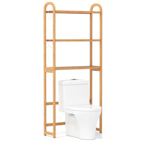 GOPLUS 3-stufiger Toilettenregal Bambus, Badezimmerregal mit verstellbaren Regalen und unteren Stangen, Waschmaschinenregal mit 3 Haken, 71,5 x 25 x 166 cm von GOPLUS