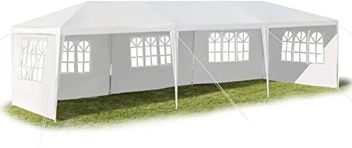 GOPLUS 3 x 9 m Partyzelt, Pavillon Zelt mit Fenstern, Festzelt mit Metall - Konstruktion, Faltpavillon aus PE- Plane, mit Abnehmbare Seitenwänden, für Feste Party Hochzeit, Weiß von GOPLUS