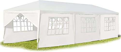 GOPLUS 3 x 9 m Partyzelt, Pavillon Zelt mit Fenstern, Festzelt mit Metall - Konstruktion, Faltpavillon aus PE- Plane, mit Abnehmbare Seitenwänden, für Feste Party Hochzeit, Weiß von GOPLUS