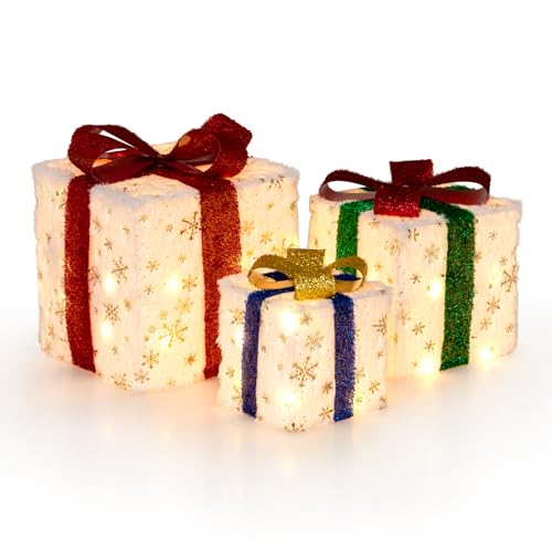 GOPLUS 3er Set LED Geschenkbox, Weihnachtsboxen Deko mit 48 warmweißen Lichtern & Timer, beleuchtete Weihnachtsdeko Boxen mit Schleifen für Weihnachtsbaum Zuhause Schaufenster Gartenrasen von GOPLUS