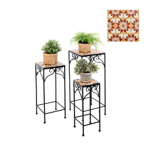 GOPLUS 3er Set Mosaik Blumenständer, stapelbarer Blumenhocker mit Metallgestell & Mosaikplatte, Pflanzenhocker, Vintage Blumentreppe, Gartentisch für Balkon & Terrasse (Quadratisch-Gelb) von GOPLUS