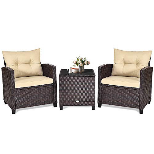 GOPLUS 3tlg. Balkonmöbel Set, Polyrattan Gartenmöbel Set, Terrassenmöbel Set mit 1 Tisch & 2 Stühlen, Lounge Set mit Kissen, Gartengarnitur Sitzgarnitur 3er Set Sitzgruppe für Garten & Balkon (Beige) von GOPLUS