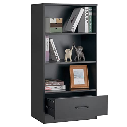GOPLUS 4 Ebenen Bücherschrank schwarz, Bücherregal mit Schublade, Hochschrank Holz, 60 x 38 x 120 cm(Schwarz) von GOPLUS