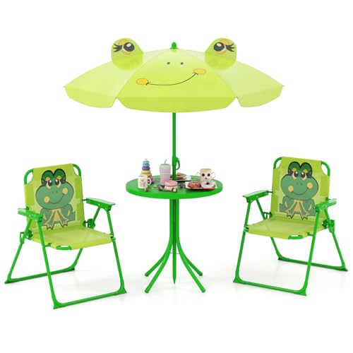 GOPLUS 4 TLG. Kindersitzgruppe Garten, Gartentisch mit 2 Klappstühle & mit höhenverstellbarem Sonnenschirm, Gartengarnitur Kinder Camping Kindersitzgarnitur für 3-6 Jahre Kinder (Hellgrün) von GOPLUS