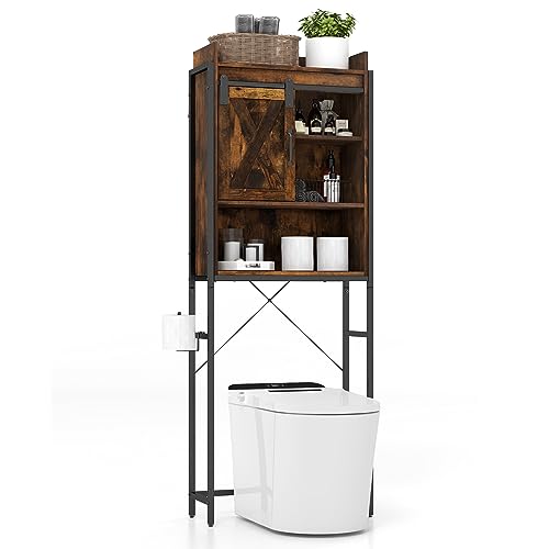 GOPLUS 4-stöckiger Toilettenschrank, freistehenden Badezimmerregal für Standard-Toilette, Waschmaschine & Trockner, Überschrank mit Scheunentür für Toilette Bad Waschküche (Kaffee) von GOPLUS