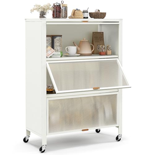 GOPLUS 4-stufiger Küchenlagerschrank, Küchenregal mit Rollen, Mikrowellenregal mit Metallrahmen, Universalräder, Klapptüren, Abnehmbarer Rückwand, Küchenbackregal für Snacks, Töpfe & Geschirr von GOPLUS