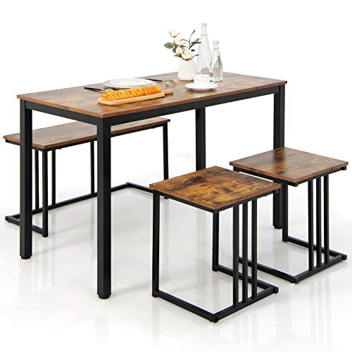 GOPLUS 4-teiliges Bartisch Set Holz, Esstisch mit Bank & 2 Hockern, Küchentisch-Set für Haus, Restaurant, Kneipe, Industrie-Design von GOPLUS