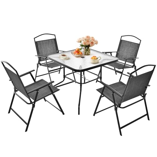 GOPLUS 5 TLG. Gartenmöbel Set, Balkonmöbel inkl. 4 Klappstühlen & Glastisch mit 4cm Schirmloch, Gartengarnitur für 4 Personen, Sitzgruppe Outdoor für Balkon Garten Terrasse von GOPLUS
