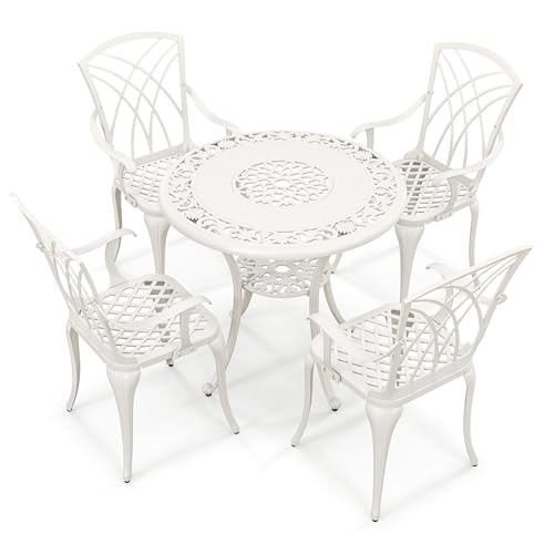 GOPLUS 5 TLG. Gartenmöbel Set, Gartentisch Bistrotisch Set mit 4 Stühlen aus Alu, Balkonmöbel Set Gartengarnitur für 4 Personen, Sitzgruppe für Balkon Garten Terrasse, Weiß von GOPLUS