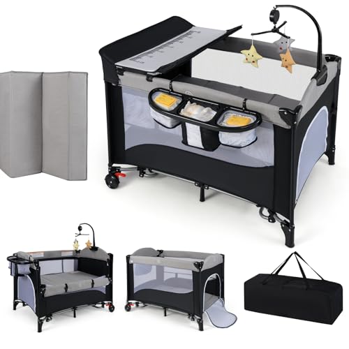 GOPLUS 5 in 1 Babybett, höhenverstellbares Reisebett Baby mit abnehmbarem Wickeltisch, Aufbewahrungskorb & Spielzeug, rollbares Beistellbett mit Befestigungsgurt, für Kinder bis 36 Monate (Schwarz) GOPLUS 5 in 1 Babybett, höhenverstellbares Reisebett Baby mit abnehmbarem Wickeltisch, Aufbewahrungskorb & Spielzeug, rollbares Beistellbett mit Befestigungsgurt, für Kinder bis 36 Monate (Schwarz) von GOPLUS