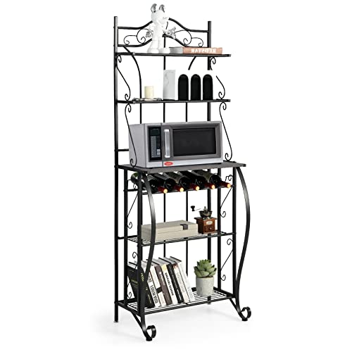 GOPLUS 5-stöckiges Küchenregal aus Metall, strapazierfähiger Mikrowellenständer mit Stauraum & Weinwürfel für 5 Flaschen, Anti-Kipp-Vorrichtung, freistehendes Bäckerregal für Küche Esszimmer von GOPLUS