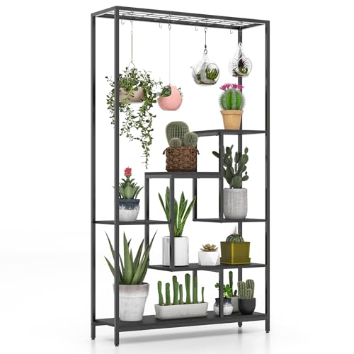 GOPLUS 6 Etagen Pflanzenständer, Pflanzenregal mit Hängeregal & 10 S-Haken, Blumenregal Blumenständer Blumentreppe für Wohnzimmer, Balkon & Garten, 100 x 30 x 180 cm (Schwarz) von GOPLUS