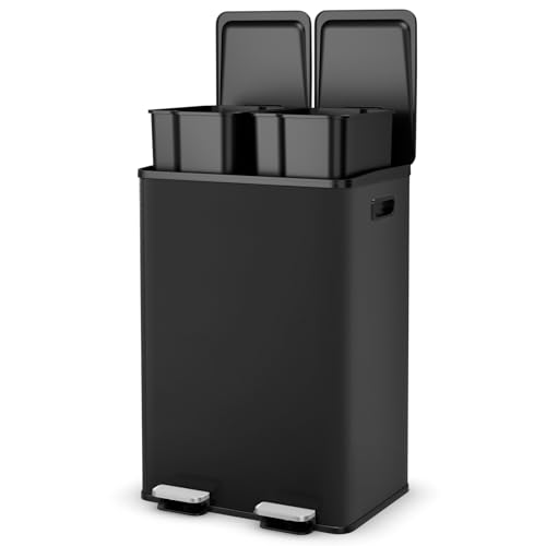 GOPLUS Abfalleimer Edelstahl, 2x30L Mülleimer geruchsdicht aus Edelstahl mit Deckel, Griffe & Desodorierungsfach, Müllbehälter für Küche, Büro & Wohnzimmer (Schwarz) von GOPLUS