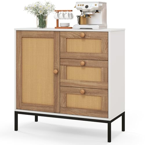 GOPLUS Anrichte Sideboard, Rattan Küchenschrank mit Türen & Schuladen, Buffetschrank mit erhöhten Metallbeinen, Aufbewahrungsschrank für Küche, Wohnzimmer & Flur, 80 x 35 x 80,5 cm von GOPLUS