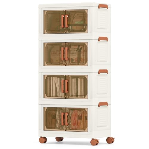 GOPLUS Aufbewahrungsbox mit Deckel, Ordnungsboxen stapelbar mit Rollen & Türen, Aufbewahrungsschrank aus Kunststoff, Kunststoffbox Stapelboxen Aufbewahrungsbehälter (43,5 x 26,5 x 94,5 cm,4 Ebenen) von GOPLUS
