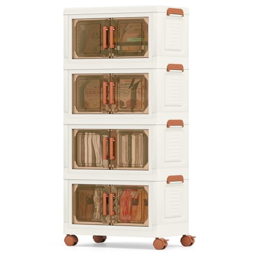 GOPLUS Aufbewahrungsbox mit Deckel, Ordnungsboxen stapelbar mit Rollen & Türen, Aufbewahrungsschrank aus Kunststoff, Kunststoffbox Stapelboxen Aufbewahrungsbehälter (62,5 x 34,5 x 130,5 cm,4 Ebenen) von GOPLUS