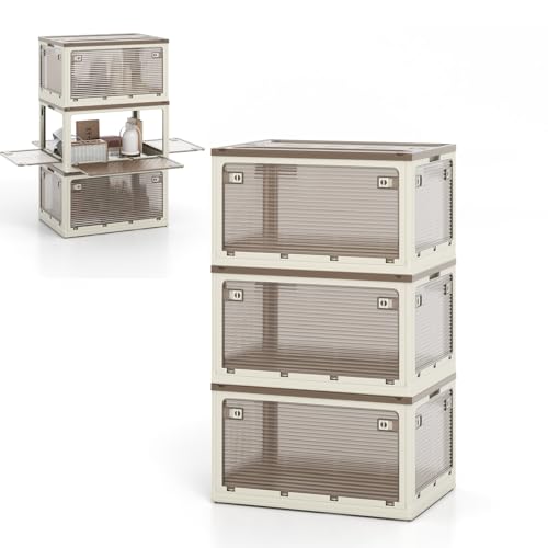 GOPLUS Aufbewahrungsbox mit Deckel, stapelbare Ordnungsbox mit Rollen & klappbaren Türen, 3 x 98 L Aufbewahrungsbehälter Stapelbox Klappbox Schuhboxen für Wohnzimmer & Schlafzimmer (Weiß) von GOPLUS