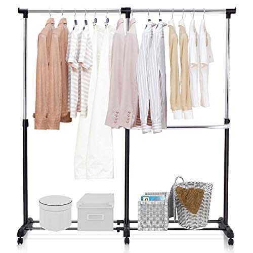 GOPLUS Ausziehbarer Kleiderständer, Teleskopgarderobe Metall auf Rollen Höhenverstellbar, Garderobenständer Belastbar mit Ablage für Schuhe, Kleiderstange Kleidung Aufhänger, Schwarz und Silbrig von GOPLUS