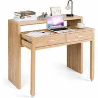 GOPLUS Ausziehbarer Schreibtisch, Platzsparender Computertisch auf Rollen mit ausziehbarer Platte, Bürotisch mit 2 Schubladen, Arbeitstisch für von GOPLUS