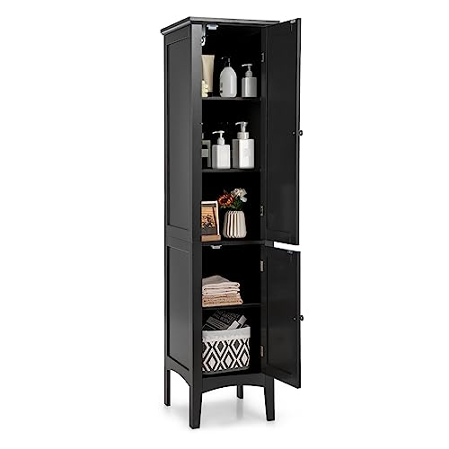 GOPLUS Badezimmerschrank hoch, Hochschrank mit 2 Türen, 5 offene Fächer, Badschrank Badregal für Wohnzimmer, Badzimmer & Küche, 37 x 37 x160 cm (Schwarz) von GOPLUS