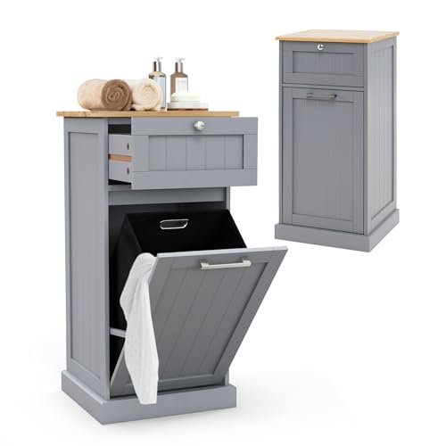 GOPLUS Badezimmerschrank mit Wäschekorb, Wäscheschrank mit ausklappbarem Wäschesack, Badschrank mit Schublade, Badkommode Waschekorbsammler für Badezimmer, Waschküche, 40 x 37 x 82 cm (Grau) von GOPLUS