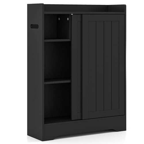 GOPLUS Badezimmerschrank schmal, Badschrank mit Toilettenpapierhalter, Bürstenfach & verstellbaren Regalen, Aufbewahrungsschrank mit 2 Schiebetüren für kleine Räume, 60 x 20 x 80 cm (Schwarz) von GOPLUS