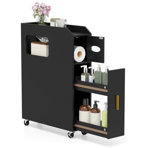 GOPLUS Badezimmerschrank schmal, Nischenschrank mit Rollen & Papier- & Bürstenhalter, Schiebeschrank mit Schublade & Tür, für Waschküche, Wohnzimmer, Badezimmer, 50 x 16 x 69 cm (Schwarz) von GOPLUS
