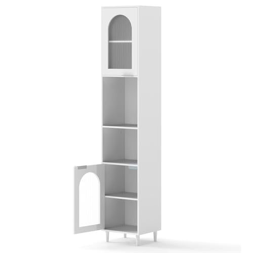 GOPLUS Badschrank, Badezimmerschrank schmal mit 2 Vitrinenschränken & 2 offenen Fächern, Hochschrank mit Verstellbaren Regalen, Erhöhte Beine, Aufbewahrungsschrank für Badezimmer, Wohnzimmer, Küche GOPLUS Badschrank, Badezimmerschrank schmal mit 2 Vitrinenschränken & 2 offenen Fächern, Hochschrank mit Verstellbaren Regalen, Erhöhte Beine, Aufbewahrungsschrank für Badezimmer, Wohnzimmer, Küche von GOPLUS
