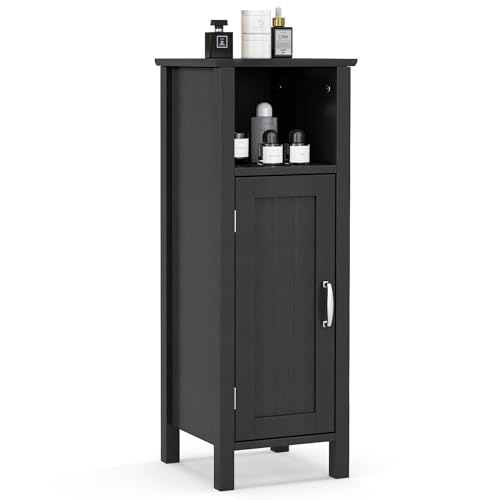 GOPLUS Badschrank klein, Badezimmerschrank aus Holz, Freistehender Toilettenschrank mit offenem Fach & Verstellbarer Ablage, Aufbewahrungsschrank Badezimmer, Wohnzimmer, 30× 30× 80 cm (Schwarz) von GOPLUS