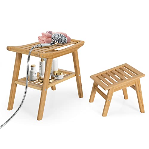 GOPLUS Bambus Badhocker, Sitzbank mit Fußhocker, Duschbank mit Lagerregal, Holzbank und Hocker Set für Drinnen und Draußen von GOPLUS