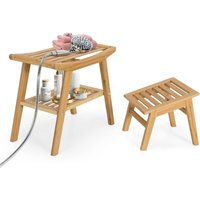 GOPLUS Bambus Badhocker, Sitzbank mit Fusshocker, Duschbank mit Lagerregal, Holzbank und Hocker Set für Drinnen und Draussen von GOPLUS