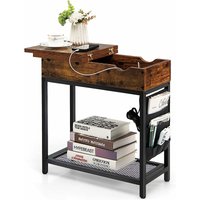 GOPLUS Beistelltisch Vintage mit 2 USB-Anschlüssen & Steckdosen, Sofatisch mit Klappbare Tischplatte & Gitterablage, Nachttisch mit Stofftaschen für von GOPLUS