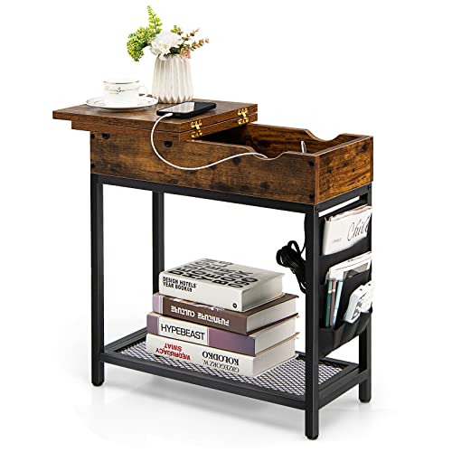 GOPLUS Beistelltisch Vintage mit 2 USB-Anschlüssen & 2 Steckdosen, Sofatisch mit klappbare Tischplatte & Gitterablage, Nachttisch mit Stofftaschen für Wohnzimmer & Schlafzimmer GOPLUS Beistelltisch Vintage mit 2 USB-Anschlüssen & 2 Steckdosen, Sofatisch mit klappbare Tischplatte & Gitterablage, Nachttisch mit Stofftaschen für Wohnzimmer & Schlafzimmer von GOPLUS