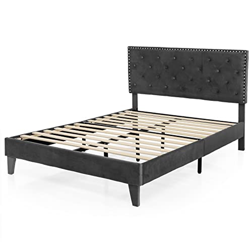 GOPLUS Bettgestell mit gepolstertem Kopfteil, Doppelbett im modernen Stil mit Lattenrost aus Massivholz, bis 450 kg belastbar, Stützbein mit verstellbaren Füßen, ohne Matratze (200 x 140 cm) von GOPLUS