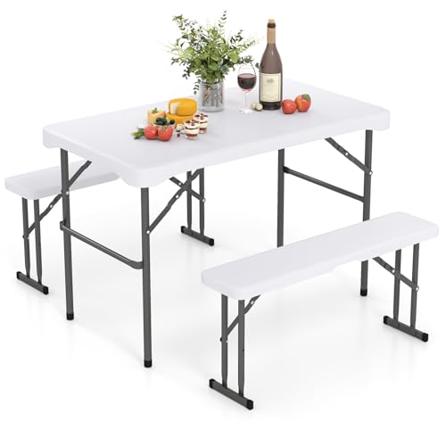 GOPLUS Bierzeltgarnitur klappbar, 3-teilig Set mit Biertisch & 2 Bierbank, Biertischgarnitur aus Kunststoff mit Holzoptik, Festzeltgarnitur Festzeltgarnitur Biergarten Biergarnitur für Camping Party von GOPLUS