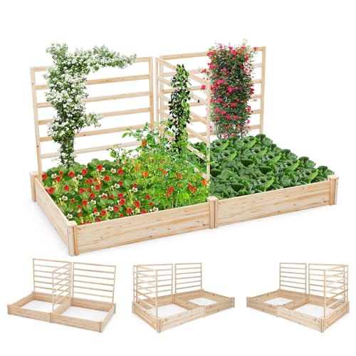 GOPLUS Blumenkasten mit Rankgitter, Hochbeet mit 3 Spalieren, Pflanzkasten mit Rankhilfe, Gartenbeet Gartenspalier aus Tannenholz, für Kletterpflanzen (222 x 114 x 110 cm) von GOPLUS