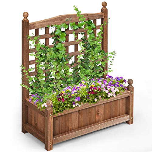 GOPLUS Blumenkasten mit Rankgitter, Pflanzkasten mit Spalier & Ablauflöchern, Gartenspalier aus Massivholz, Blumenständer, Gartenbeet Rankhilfe für Balkon Garten, 64,5 cm × 28 cm × 75 cm von GOPLUS