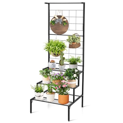 GOPLUS Blumenständer mit Rankgitter, Blumentreppe mit Hängestange, 3 Ebenen Pflanzenständer Metall, Blumenregal Pflanzenregal für Garten, Wohnzimmer, Balkon, Schwarz von GOPLUS