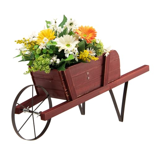 GOPLUS Blumenwagen aus Holz, Pflanzschubkarre mit Metallrad, 9 austauschbare Magnetzubehörteile, Blumenkarre Blumenkasten Pflanzenständer für Garten & Terrasse, 69,5 x 26 x 29,5 cm (Rot) von GOPLUS