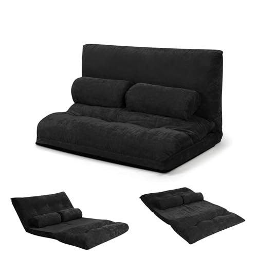 GOPLUS Bodensofa mit Schlaffunktion, 3 in 1 Sofabett mit Kissen & verstellbare Rückenlehne, Klappsofa Schlafsofa Schlafsessel für Wohnzimmer & Gästezimmer (Schwarz, 178 x 108 x 18 cm) von GOPLUS